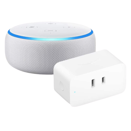 全体を写したAmazon アマゾン Echo Dot (第3世代) スマートスピーカー with AlexaのサンドストーンとAmazon スマートプラグ