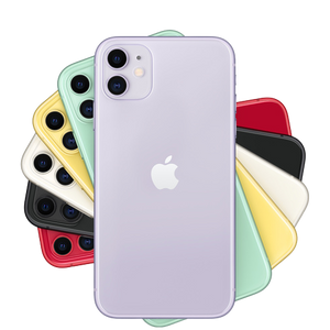 背面で6台重なっている AppleJapan iPhone11 パープル、グリーン、イエロー、ホワイト、ブラック、（PRODUCT）RED