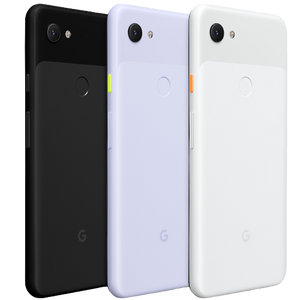 背面からから写した、グーグルジャパン Pixel 3aXL 64GBのジャストブラック、パープリッシュ、クリアリーホワイト
