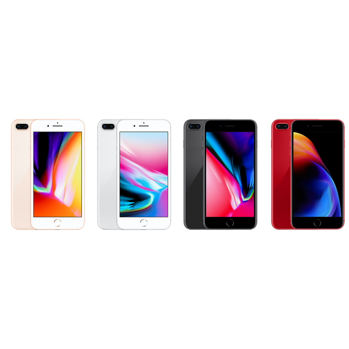 4台並んだApple Japan iPhone 8 Plus ゴールド、シルバー、スペースグレイ、レッド